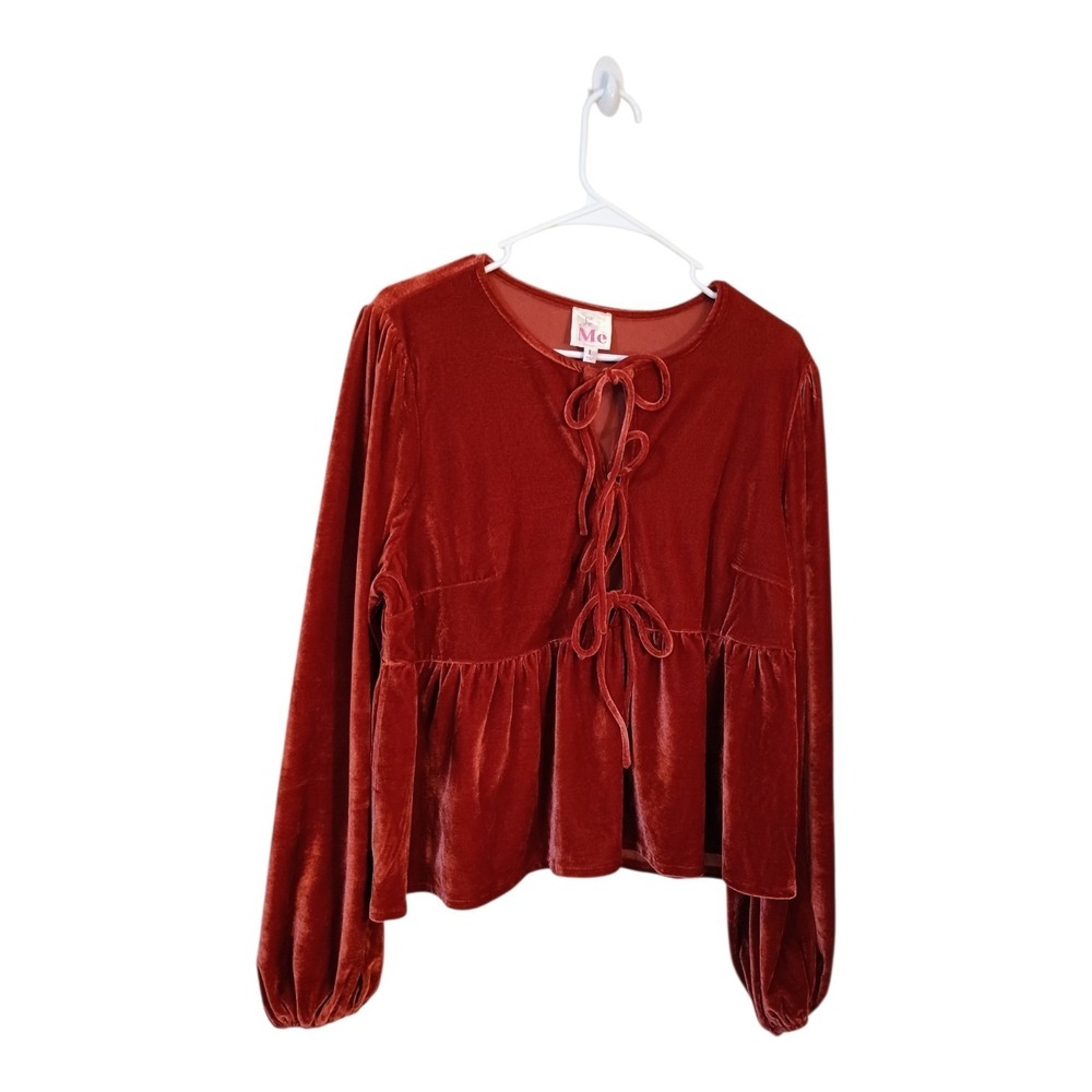 So Me Women's L Rust Color Velvet Tie Front Peplum Bishop Sleeve Babydoll Top